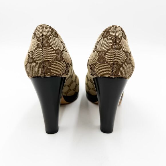 Gucci GG Monogram Brown Canvas Platform Pumps Wooden Heels Size 7.5 - Picture 6 of 12
